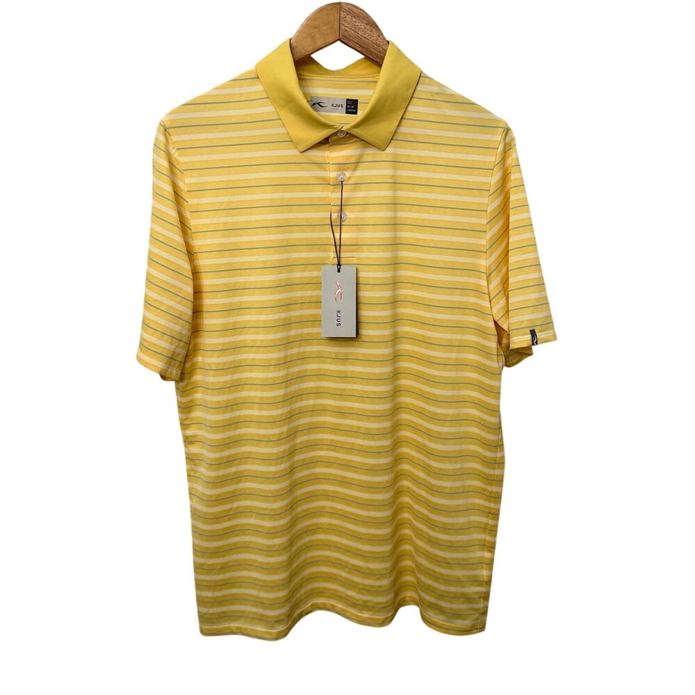 KJUS Polo Shirt Mens Medium 50 Luis Yellow White Striped Golf Comfort Fit
